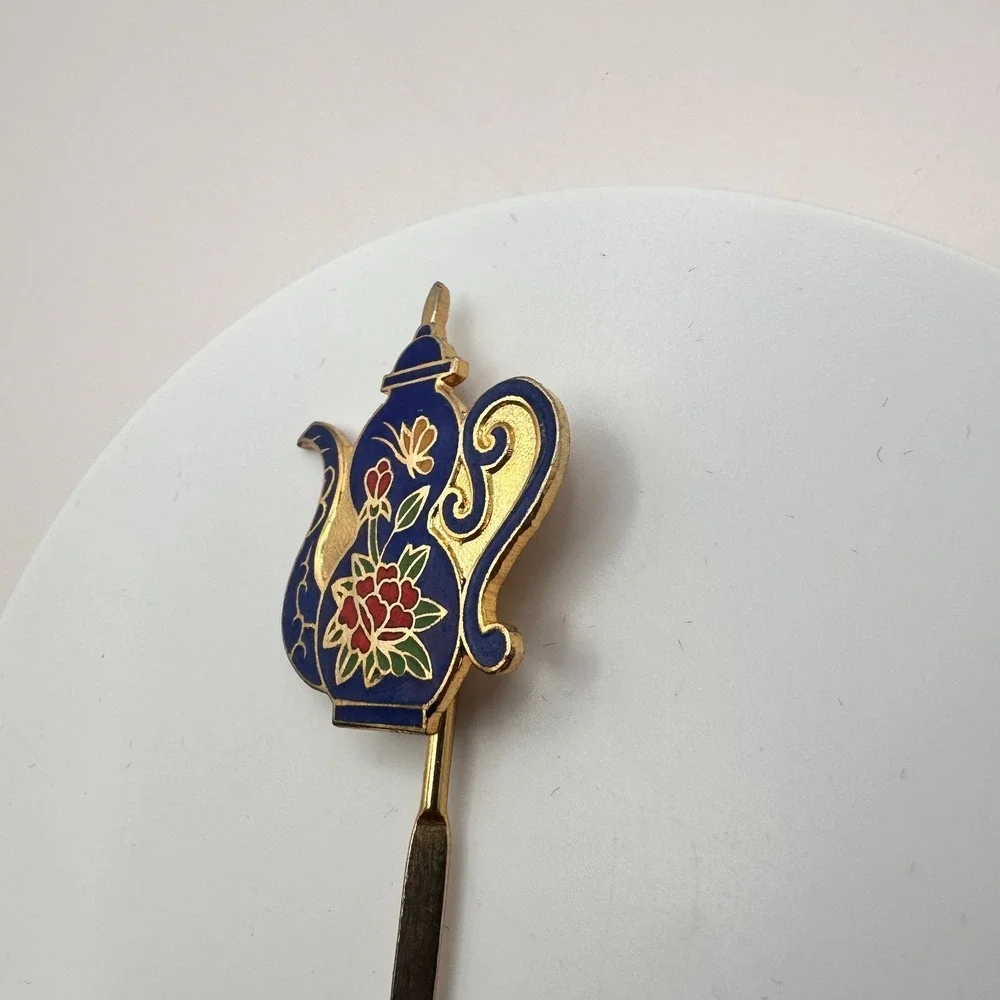 Vintage 90s Cloisonne Teapot Hair Sticks Gold Tone Blue Enamel Women's Jewelry